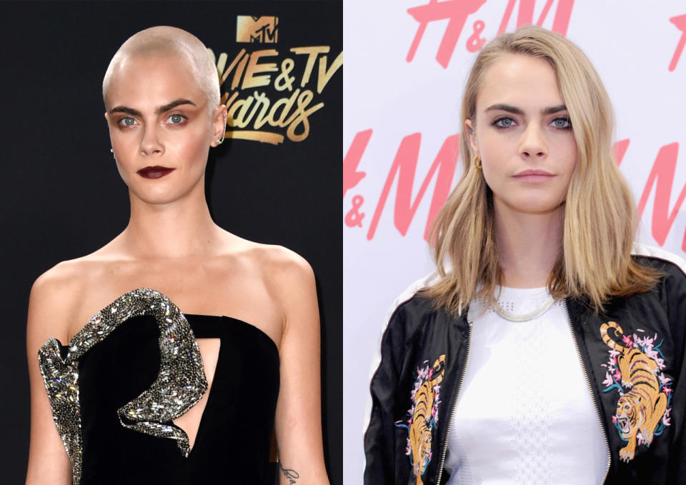 <p>The British model chopped off her locks before the 2017 Met Gala, taking to the red carpet with silver painted on hair. A week later, at the MTV Movie & TV Awards, Cara showed off her bald head in all its glory - and looked fantastic. <i>[Photo: Getty]</i></p>