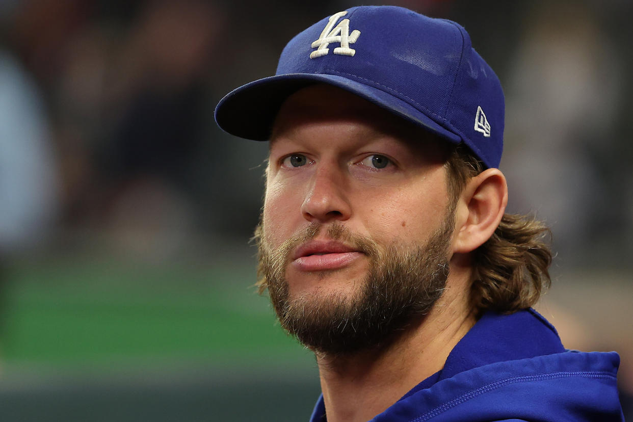 ATLANTA, GEORGIA - OCTOBER 16: Clayton Kershaw #22 of the Los Angeles Dodgers looks on prior to Game One of the National League Championship Series against the Atlanta Braves at Truist Park on October 16, 2021 in Atlanta, Georgia. (Photo by Kevin C. Cox/Getty Images)