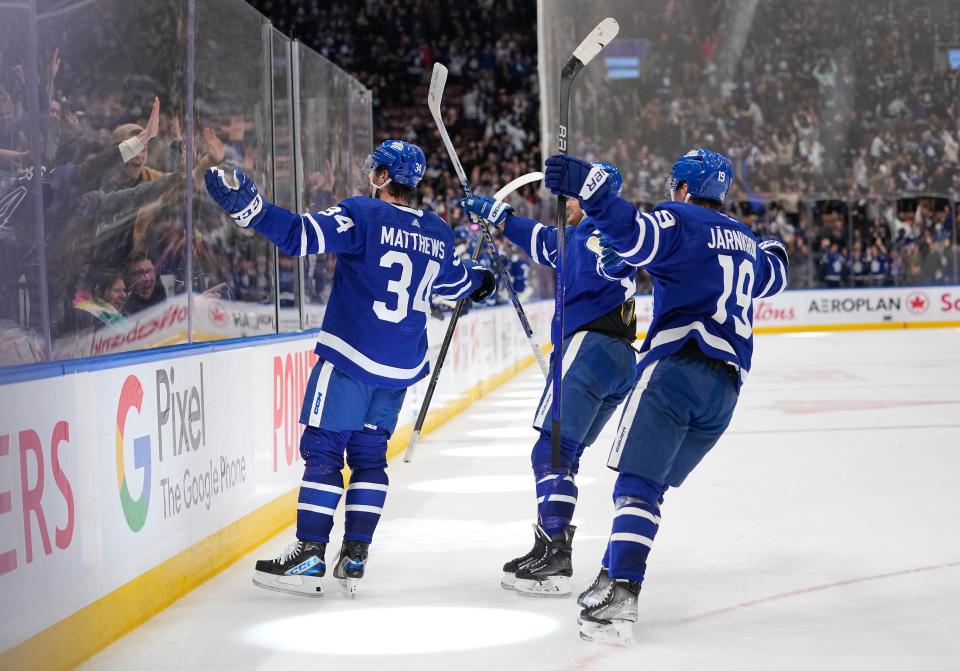 Dec 14, 2023; Toronto, Ontario, CAN; Toronto Maple Leafs forward Auston Matthews (34) reacts after scoring the tying goal to send the game to overtime against the Columbus Blue Jackets during the third period at Scotiabank Arena. Mandatory Credit: John E. Sokolowski-USA TODAY Sports