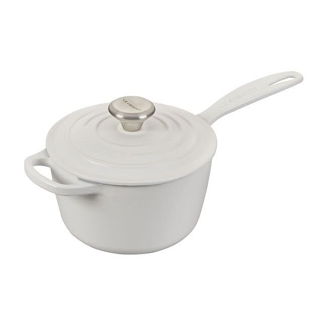 <p><strong>Le Creuset </strong></p><p>lecreuset.com</p><p><a href="https://go.redirectingat.com?id=74968X1596630&url=https%3A%2F%2Fwww.lecreuset.com%2Fsignature-saucepan-factory-to-table-sale-cotton%2FLS2518-16MWSS.html&sref=https%3A%2F%2Fwww.goodhousekeeping.com%2Flife%2Fmoney%2Fg33563225%2Fle-creuset-factory-sale-august-2020%2F" rel="nofollow noopener" target="_blank" data-ylk="slk:Shop Now;elm:context_link;itc:0;sec:content-canvas" class="link ">Shop Now</a></p><p><del>$190</del><strong><br>$114</strong></p><p>Whether you want to heat up your favorite brand of marinara or make some sauce from scratch, you'll get a lot of mileage out of this pan. </p>