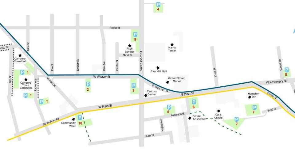 The green blocks marked with a “P” indicate free public parking lots in downtown Carrboro. Find more information on the town’s website at townofcarrboro.org/2774/Downtown-Parking.