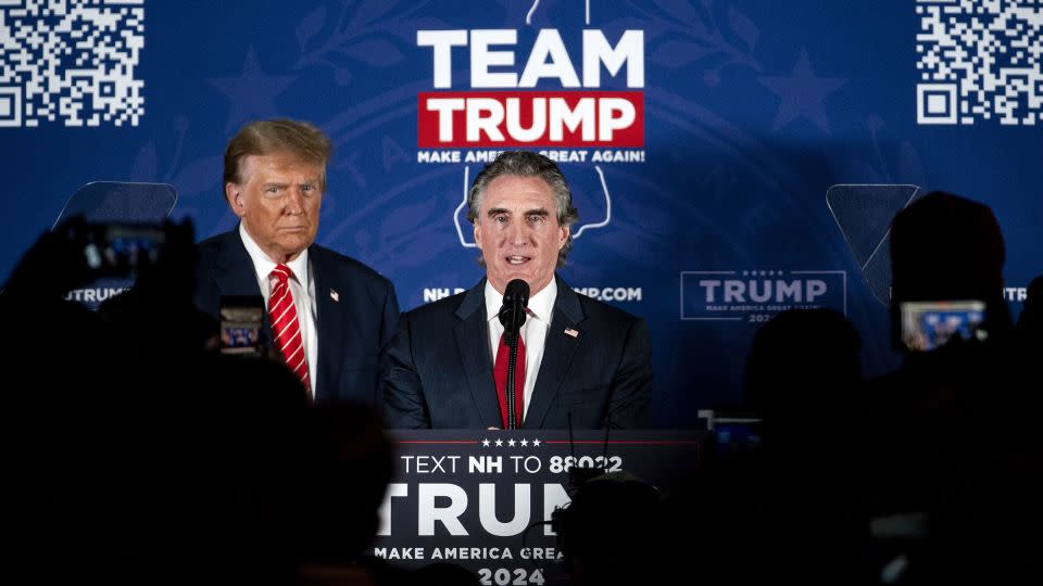 North Dakota Gov. Doug Burgum speaks during a campaign event with former President Donald Trump, in Laconia, New Hampshire, in January. - Al Drago/Bloomberg/Getty Images