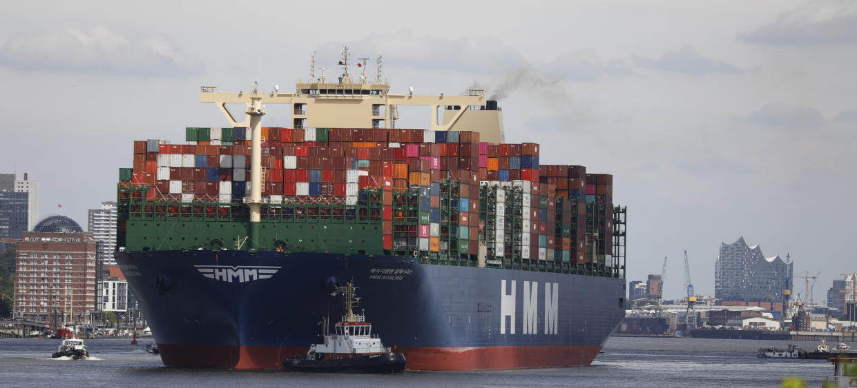 HAMBURG, GERMANY - JUNE 10: The HMM Algeciras, currently the world's largest container ship, departs from Hamburg Port during the novel coronavirus pandemic on June 10, 2020 in Hamburg, Germany. According to Germany's Federal Statistics Bureau Germany's total exports fell by 31% in April as compared to one year ago. Lockdown measures have since largely eased and most factories have resumed production, though supply chains remain fractured. The Algeciras is 399.9 meters long and 61 meters wide, and has a nominal capacity to transport 23,964 containers. It is the first in a series of twelve ships in the 24,000 TEU class and was built in South Korea. (Photo by Morris MacMatzen/Getty Images)