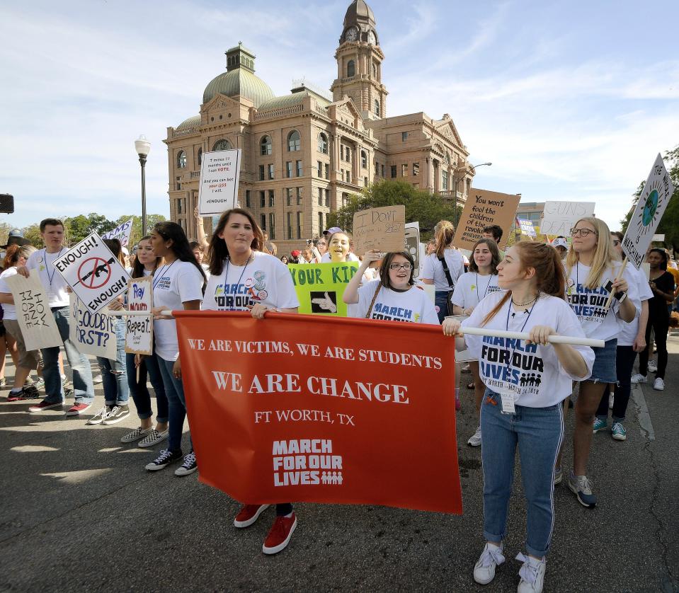 March For Our Lives Fort Worth event on the court house steps in Fort Worth, Texas, on March 24, 2018, after the Feb. 14 attack at Marjory Stoneman Douglas High School in Parkland, Florida, that left 17 people dead. Protesters denounced the National Rifle Association.