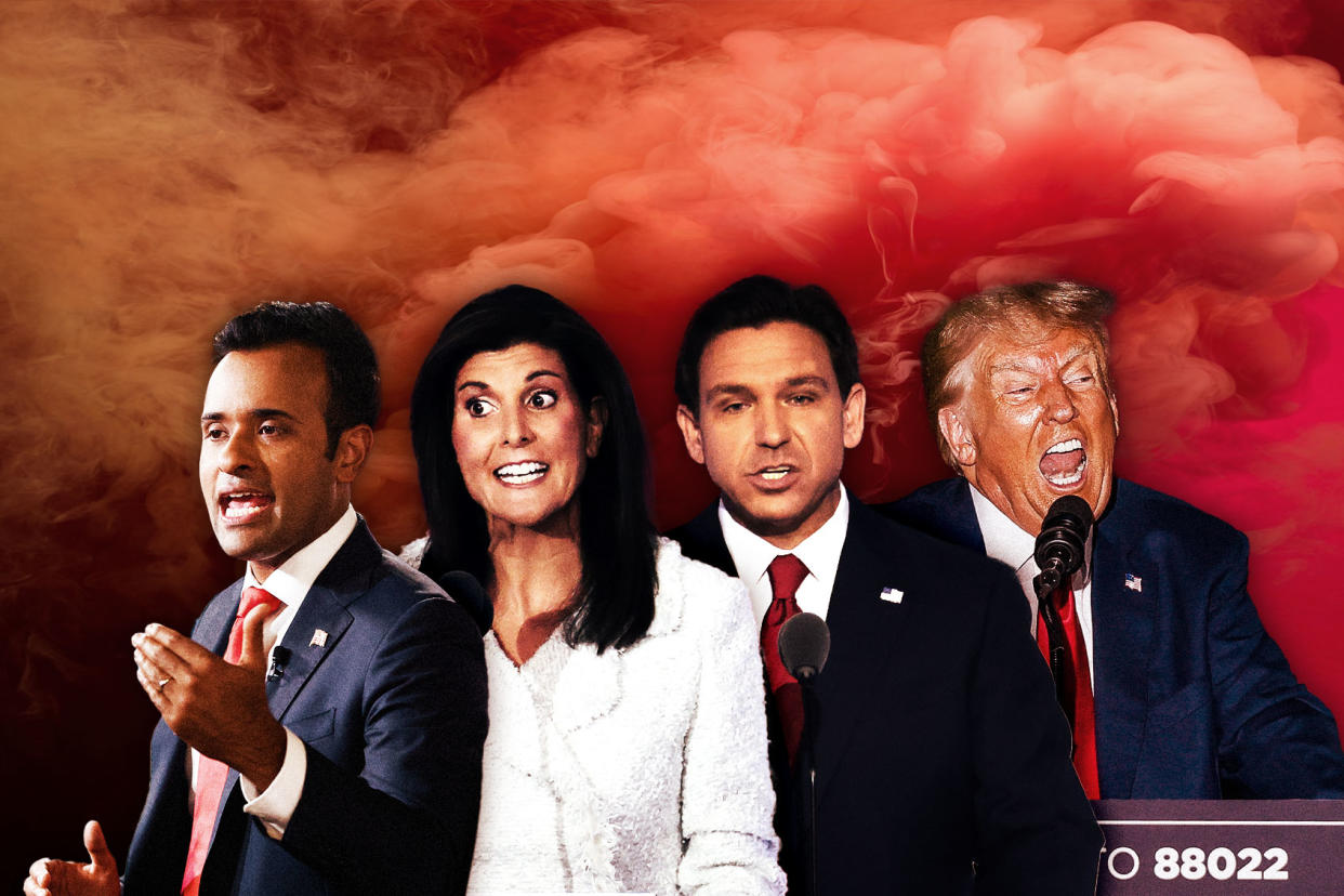 Vivek Ramaswamy; Nikki Haley; Ron DeSantis; Donald Trump Photo illustration by Salon/Getty Images