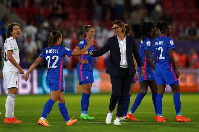 France head coach Corinne Diacre, centre, is preparing to take on the Netherlands in Rotherham