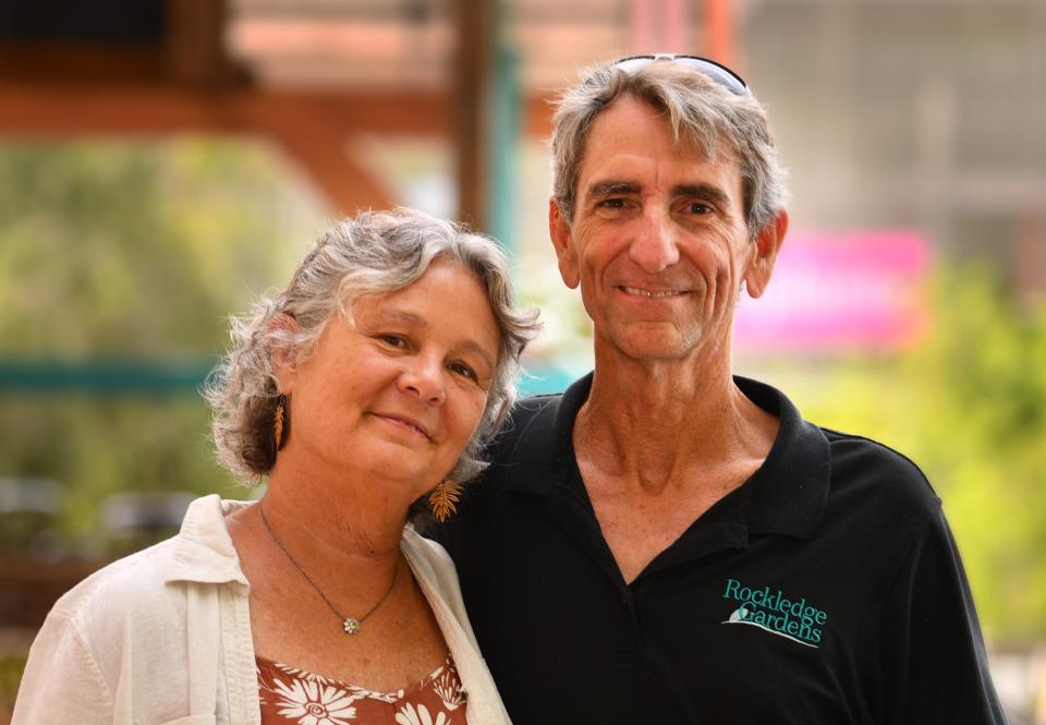 Theresa and Kevin Riley, standing outside the old citrus packing plant where her father started the business. Rockledge Gardens, a family owned destination nursery and garden center has been sold. Kevin and Theresa Riley, long time owners, have sold the business to Devon Klingman and Brendan Hayes-Morrison.