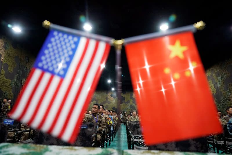 U.S. Army and China's People's Liberation Army (PLA) military personnel attend a closing ceremony of an exercise of "Disaster Management Exchange" near Nanjing