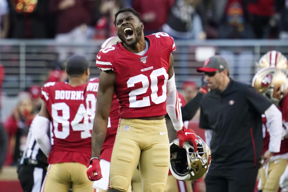 San Francisco 49ers free safety Jimmie Ward (20) celebrates during the second half of an NFL divisional playoff football game against the Minnesota Vikings, Saturday, Jan. 11, 2020, in Santa Clara, Calif. (AP Photo/Tony Avelar)