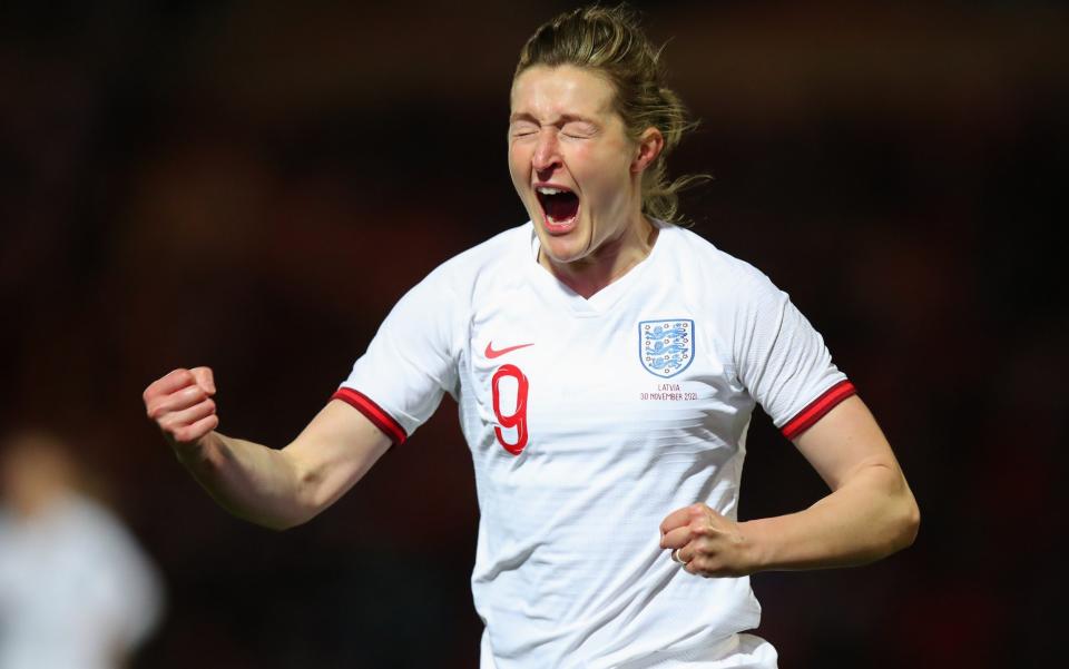 Ellen White of England Women celebrates after scoring a goal to make it 3-0 and break the all time England International goals record - Getty Images