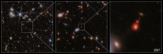 The location of ZS7 in the JWST survey. (<a href="https://esawebb.org/images/weic2413b/" rel="nofollow noopener" target="_blank" data-ylk="slk:ESA/Webb, NASA, CSA, J. Dunlop, D. Magee, P. G. Pérez-González, H. Übler, R. Maiolino, et. al;elm:context_link;itc:0;sec:content-canvas" class="link ">ESA/Webb, NASA, CSA, J. Dunlop, D. Magee, P. G. Pérez-González, H. Übler, R. Maiolino, et. al</a>)