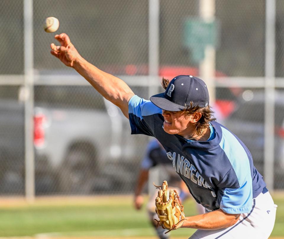 Redwood's Joey Rico pitches against Golden West in a West Yosemite League high school baseball game Tuesday, April 19, 2022. 