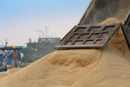 A worker looks on as imported soybeans are transported at a port in Nantong, Jiangsu province, China August 6, 2018. Picture taken August 6, 2018. REUTERS/Stringer