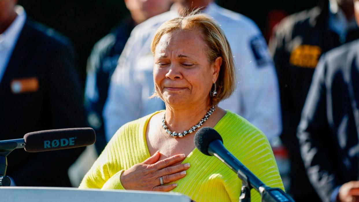 PHOTO: Charlotte Mayor Vi Lyles gets choked up as she speaks at a press conference regarding a shooting in Charlotte, N.C., Monday, April 29, 2024. (Nell Redmond/AP)