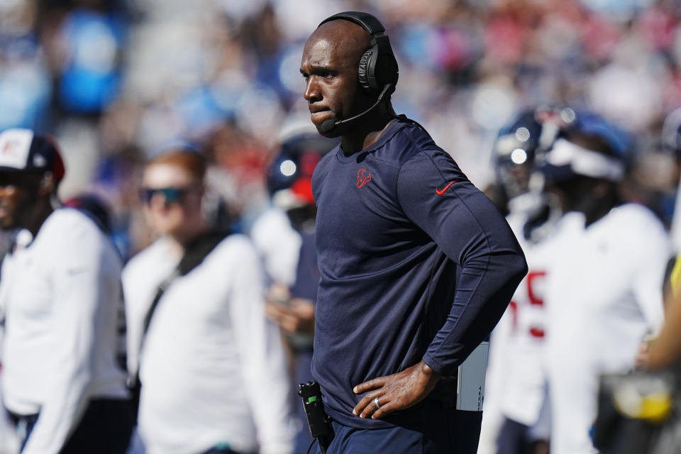 Houston Texans head coach DeMeco Ryans watches play against the Carolina Panthers during the first half of an NFL football game, Sunday, Oct. 29, 2023, in Charlotte, N.C. (AP Photo/Rusty Jones)