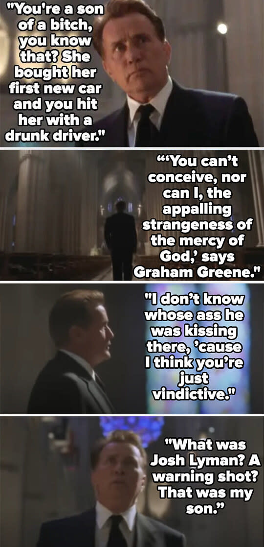 Bartlet calls God a son of a bitch for killing Mrs. Landingham with a drunk driver, then quotes Graham Greene about God's mercy and says he was a kiss-ass, because God is vindictive — he asks what John was, a warning shot? Then says he was his son