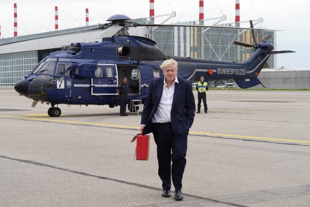 Prime Minister Boris Johnson at Munich Airport after leaving the G7 summit in Schloss Elmau, in the Bavarian Alps, Germany