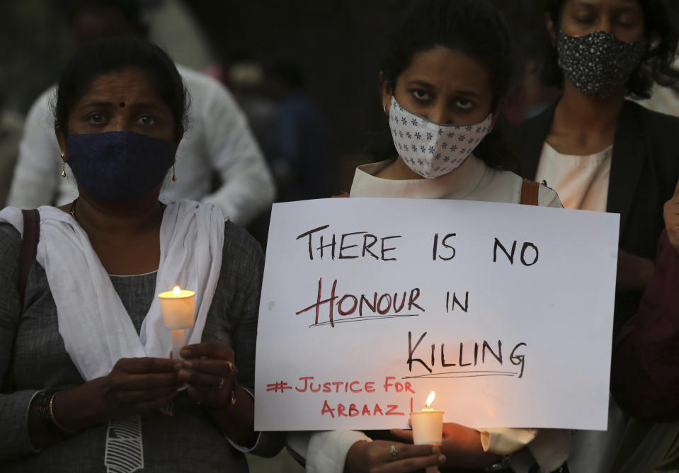 Indian activists and others participate in a protest against the killing of Arbaz Mullah in Belagavi district in southern Karnataka state in Bengaluru, India, Oct. 5, 2021. Arbaz Mullah was a Muslim man in love with a Hindu woman. But the romance so angered the woman’s family that — according to police — they hired members of a hard-line Hindu group to murder him. It's a grim illustration of the risks facing interfaith couples as Hindu nationalism surges in India. (AP Photo/Aijaz Rahi)
