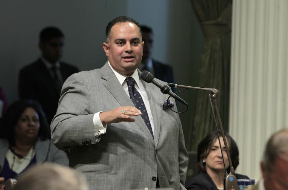 Assembly Speaker John Perez, D-Los Angeles, urges passage of his measure to close a corporate tax loophole and used the money for college scholarships, at the Capitol in Sacramento, Calif., Monday, Aug. 13, 2012. The measure, AB1500, which eliminates a $1 billion tax break for out-of-state corporations and uses the money for college scholarships for families earning between $80,000-$100,000, was approved 54-25 and sent to the Senate. (AP Photo/Rich Pedroncelli)