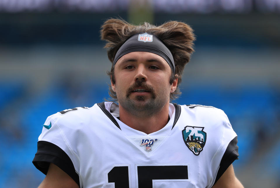 CHARLOTTE, NORTH CAROLINA - OCTOBER 06: Gardner Minshew #15 of the Jacksonville Jaguars warms up before their game against the Carolina Panthers at Bank of America Stadium on October 06, 2019 in Charlotte, North Carolina. (Photo by Streeter Lecka/Getty Images)