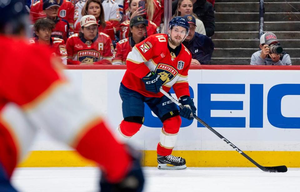 Florida Panthers right wing Vladimir Tarasenko (10) looks to pass the puck against Edmonton Oilers in the second period of Game 7 of the Stanley Cup Final at Amerant Bank Arena on Monday, June 24, 2024, in Sunrise, Fla.