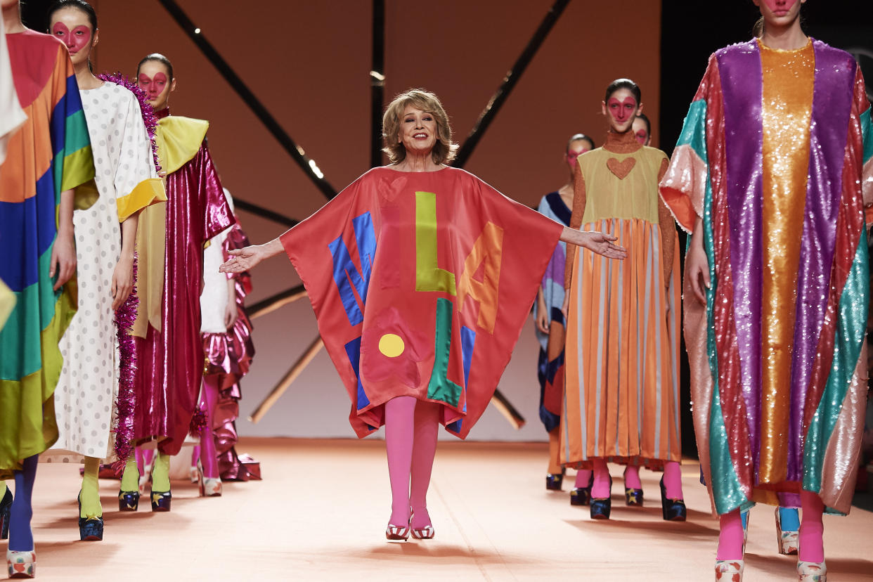 MADRID, SPAIN - JANUARY 29: Mila Ximénez walks for Agatha Ruiz de la Prada fashion show during the Mercedes Benz Fashion Week Autumn/Winter 2020-21 at Ifema on January 29, 2020 in Madrid, Spain. (Photo by Carlos Alvarez/Getty Images)