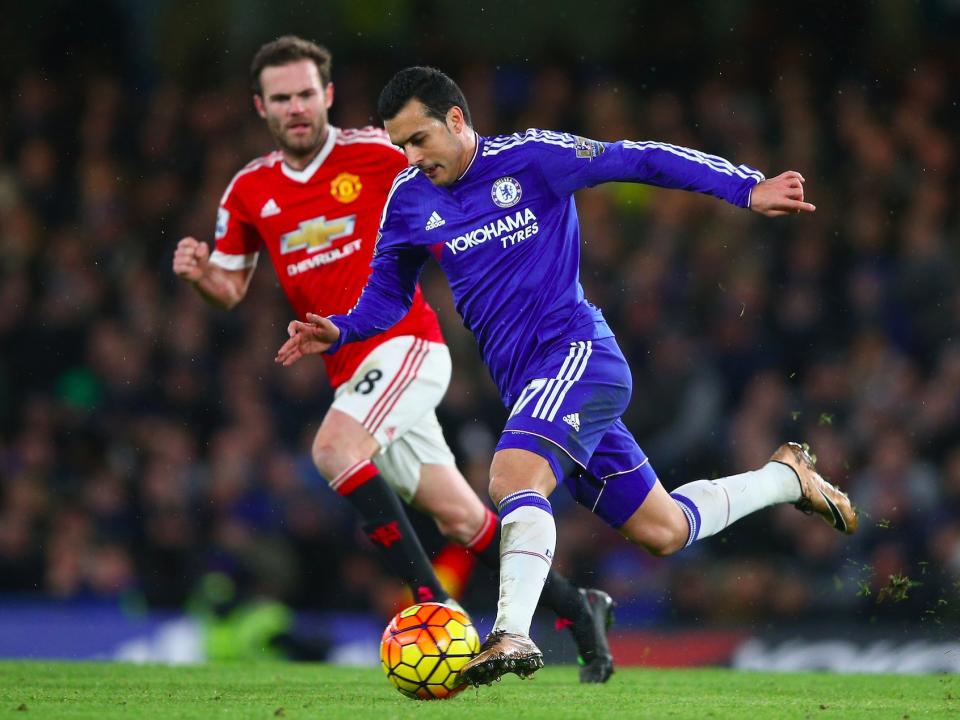 Pedro of Chelsea and Juan Mata of Manchester United in action during the Barclays Premier League match between Chelsea and Manchester United at Stamford Bridge on February 7, 2016 in London, England. (Photo by )