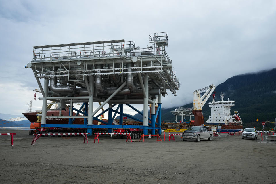 A module that arrived by ship is seen at the dock at the LNG Canada export terminal under construction in Kitimat, B.C., on Wednesday, September 28, 2022. THE CANADIAN PRESS/Darryl Dyck