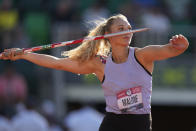 Maggie Malone competes during the finals of the women's javelin throw at the U.S. Olympic Track and Field Trials Saturday, June 26, 2021, in Eugene, Ore. (AP Photo/Charlie Riedel)