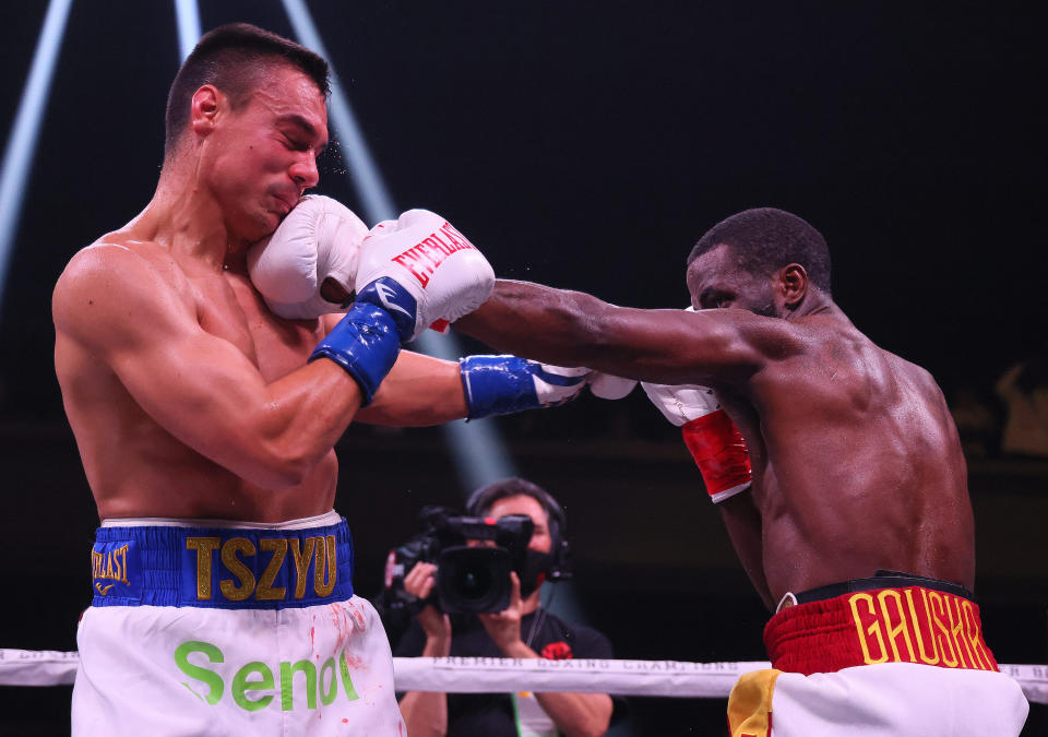 Tim Tszyu, pictured here in action against Terrell Gausha in their Super Welterweight fight.