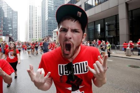 Jun 18, 2015; Chicago, IL, USA; Chicago Blackhawks fans cheer during the 2015 Stanley Cup championship parade and rally at Soldier Field. Mandatory Credit: Jon Durr-USA TODAY Sports