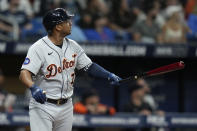 Detroit Tigers' Jonathan Schoop follows the flight of his two-run home run off Tampa Bay Rays starting pitcher Corey Kluber during the fourth inning of a baseball game Monday, May 16, 2022, in St. Petersburg, Fla. (AP Photo/Chris O'Meara)