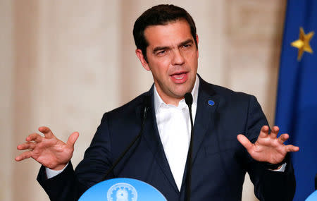 FILE PHOTO: Greek Prime Minister Alexis Tsipras speaks during a southern European Union nations meeting in Rome, Italy January 10, 2018. REUTERS/Remo Casilli/File Photo