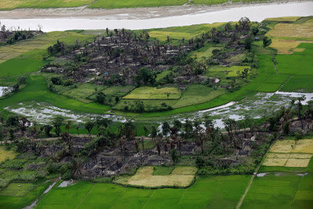 Aerial view of a burned Rohingya village near Maungdaw, north of Rakhine state, Myanmar September 27, 2017. REUTERS/Soe Zeya Tun