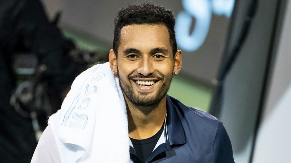 Nick Kyrgios of Australia laughs against Bradley Klahn of the United States in the first round of the Rolex Shanghai Masters at Qi Zhong Tennis Centre on October 8, 2018 in Shanghai, China