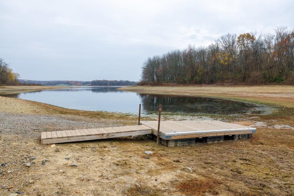 The Hoff Road launch is rendered unusable during low water levels at Codorus State Park, Thursday, Nov. 9, 2023, in Heidelberg Township.