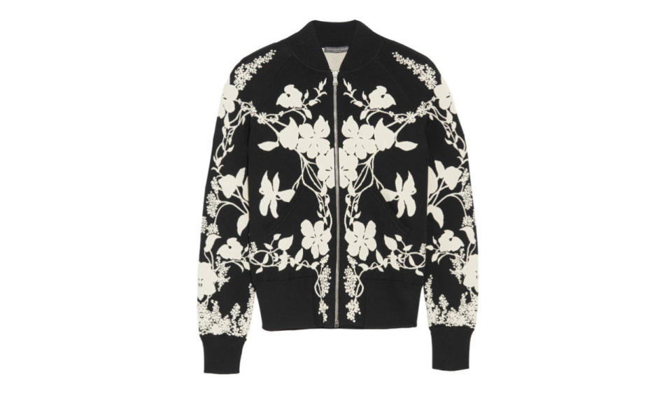 Alexander McQueen Floral-Intarsia Stretch-Knit Bomber Jacket