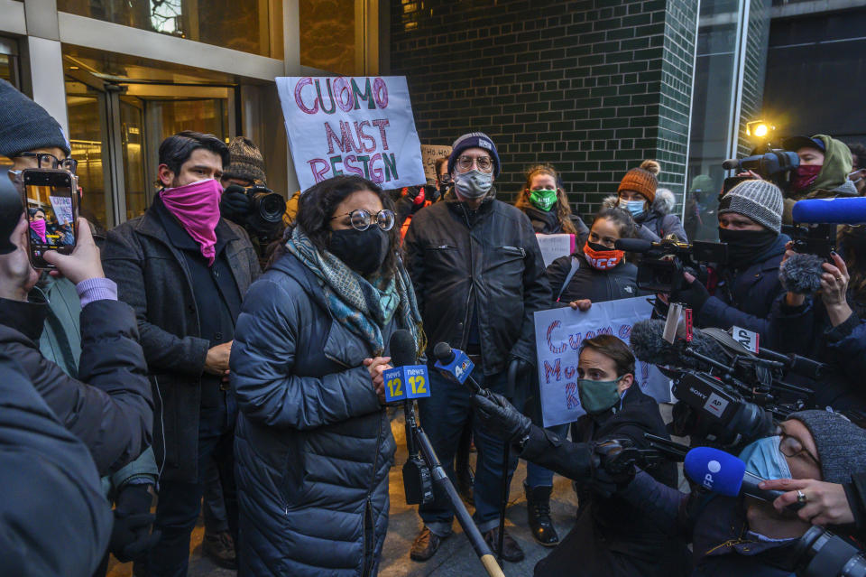 Sumathy Kumar of NYC-DSA speaks to press during a rally for New York Gov. Andrew Cuomo's resignation in front of his Manhattan office in New York, Tuesday, March 2, 2021. Cuomo has avoided public appearances for days as some members of his own party call for him to resign over sexual harassment allegations. (AP Photo/Brittainy Newman)