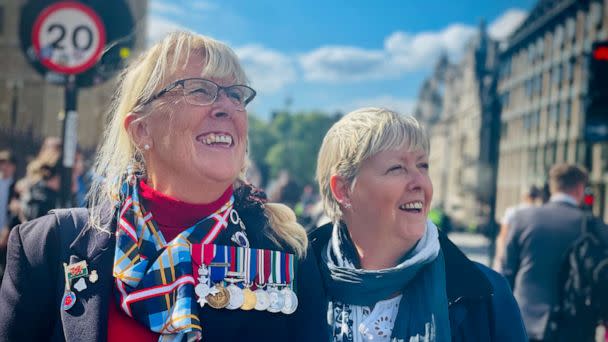 PHOTO: Annette Penfold MBE and Tina Gray are among the hundreds of thousands of mourners lining up to pay their respects in London as Queen Elizabeth II lies in state in Westminster Hall until her state funeral on Monday, Sept. 19, 2022. (Riley Farrell)