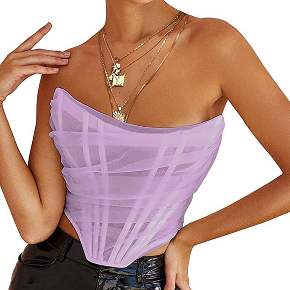 Vintage Strapless Open Back Boned Mesh Bustier Zip Back Corset Bodyshaper