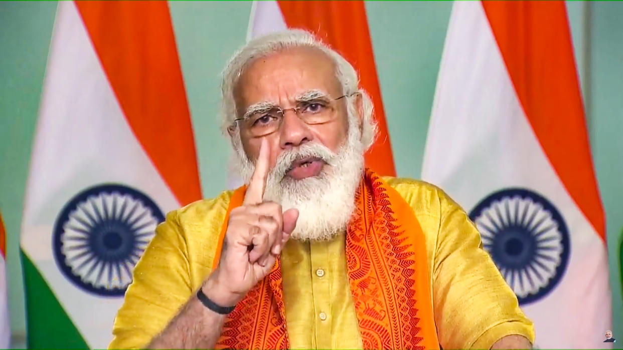 **EDS: SCREENSHOT FROM VIDEO STREAM** New Delhi: Prime Minister Narendra Modi during inauguration of six mega projects in Uttarakhand under the Namami Gange Mission through a video conference, New Delhi, Tuesday, Sept. 29, 2020. (PTI Photo)  (PTI29-09-2020_000027A)