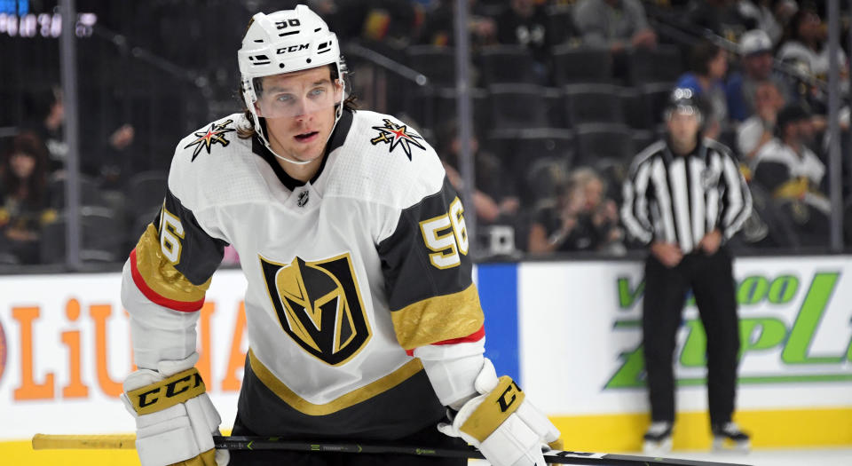 LAS VEGAS, NEVADA - OCTOBER 26:  Erik Haula #56 of the Vegas Golden Knights waits for a faceoff in the first period of a game against the Tampa Bay Lightning at T-Mobile Arena on October 26, 2018 in Las Vegas, Nevada. The Lightning defeated the Golden Knights 3-2.  (Photo by Ethan Miller/Getty Images)