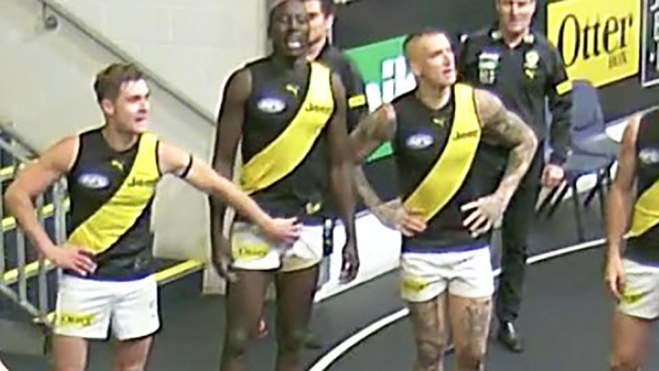 Footage from cameras in the Richmond Tigers rooms appears to show Jayden Short grabbing the genitals of teammate Mabior Chol. Picture: Fox Sports