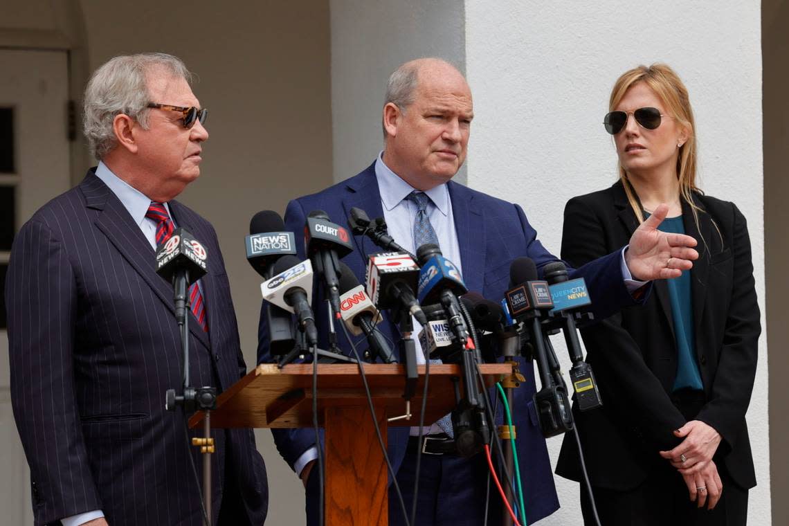 Alex Murdaugh’s defense attorneys, Dick Harpootlian, left, Jim Griffin, and Margaret Fox speak to reporters after the sentencing hearing Friday, March 3, 2023, outside of the Colleton County Courthouse in Walterboro, S.C.