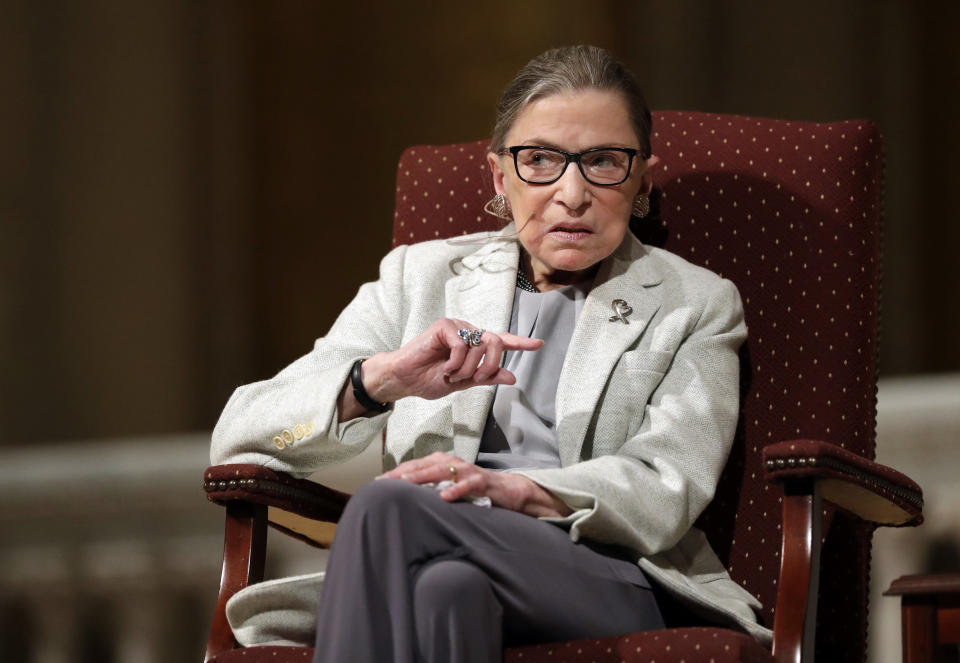 FILE - In this Feb. 6, 2017 file photo, Supreme Court Justice Ruth Bader Ginsburg speaks at Stanford University in Stanford, Calif. "My most fervent wish is that I will not be replaced until a new president is installed." The quote from Ginsburg's statement dictated to granddaughter in September 2020, holds the number six spot on the Yale Law School librarian's list of the most notable quotes of 2020.. (AP Photo/Marcio Jose Sanchez, File)