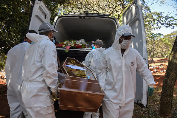 Employees carry the coffin of a person who died from COVID-19 at the Vila Formosa cemetery, in the outskirts of Sao Paulo, Brazil.