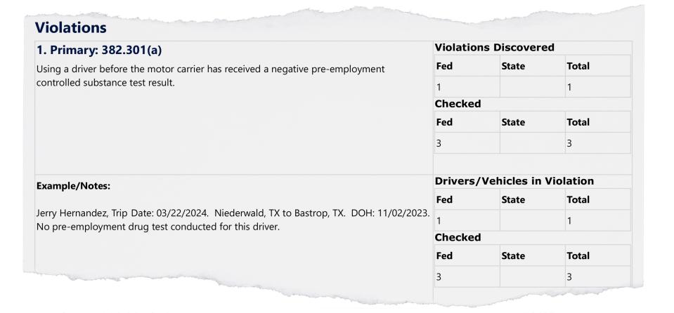 Este extracto de una auditoría de FJM Concrete Pumping, que surgió de una queja del 27 de marzo, detalla el hecho de que la compañía no realizó pruebas de uso de sustancias a Jerry Hernandez antes de contratarlo el 2 de noviembre. Las empresas que emplean conductores comerciales deben realizar pruebas de uso de sustancias a los conductores en cumplimiento de la ley federal.