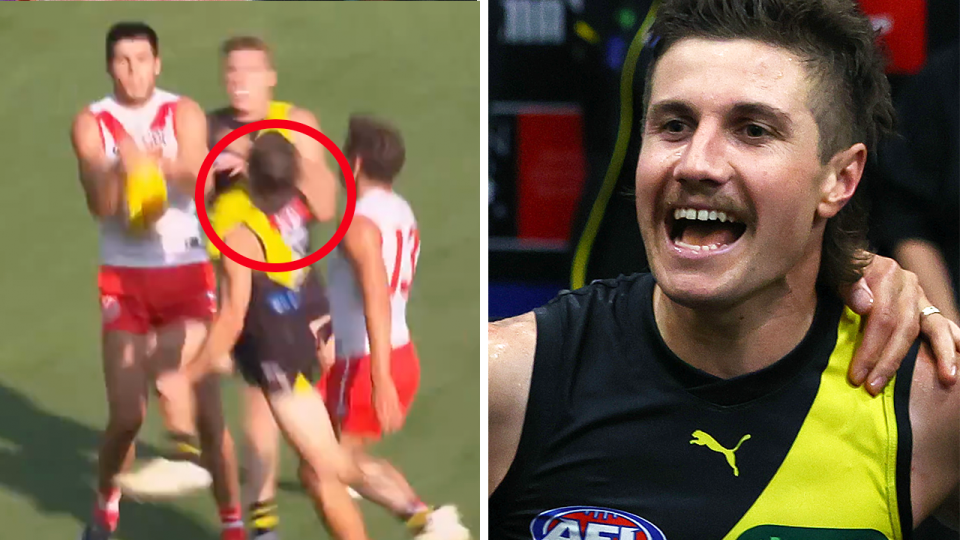 Richmond star Liam Baker (pictured right) has opted to fight his tribunal ban after he cleared out Swans player Lewis Melican in the Tigers' win on the weekend. (images: Channel 7/Getty Images)