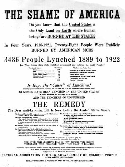 In 1922, the NAACP ran a series of full-page ads in The New York Times calling attention to lynchings. <a href="http://historymatters.gmu.edu/d/6786" rel="nofollow noopener" target="_blank" data-ylk="slk:New York Times, Nov. 23, 1922/American Social History Project;elm:context_link;itc:0;sec:content-canvas" class="link ">New York Times, Nov. 23, 1922/American Social History Project</a>
