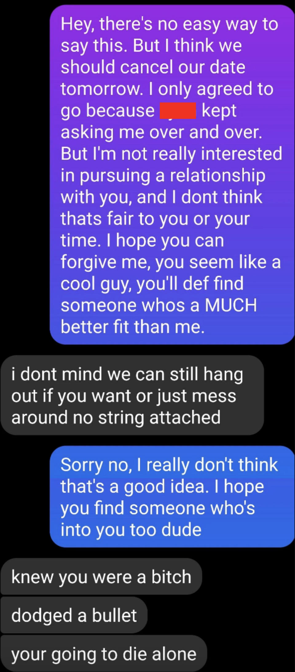 Man "offended" when woman canceled a date